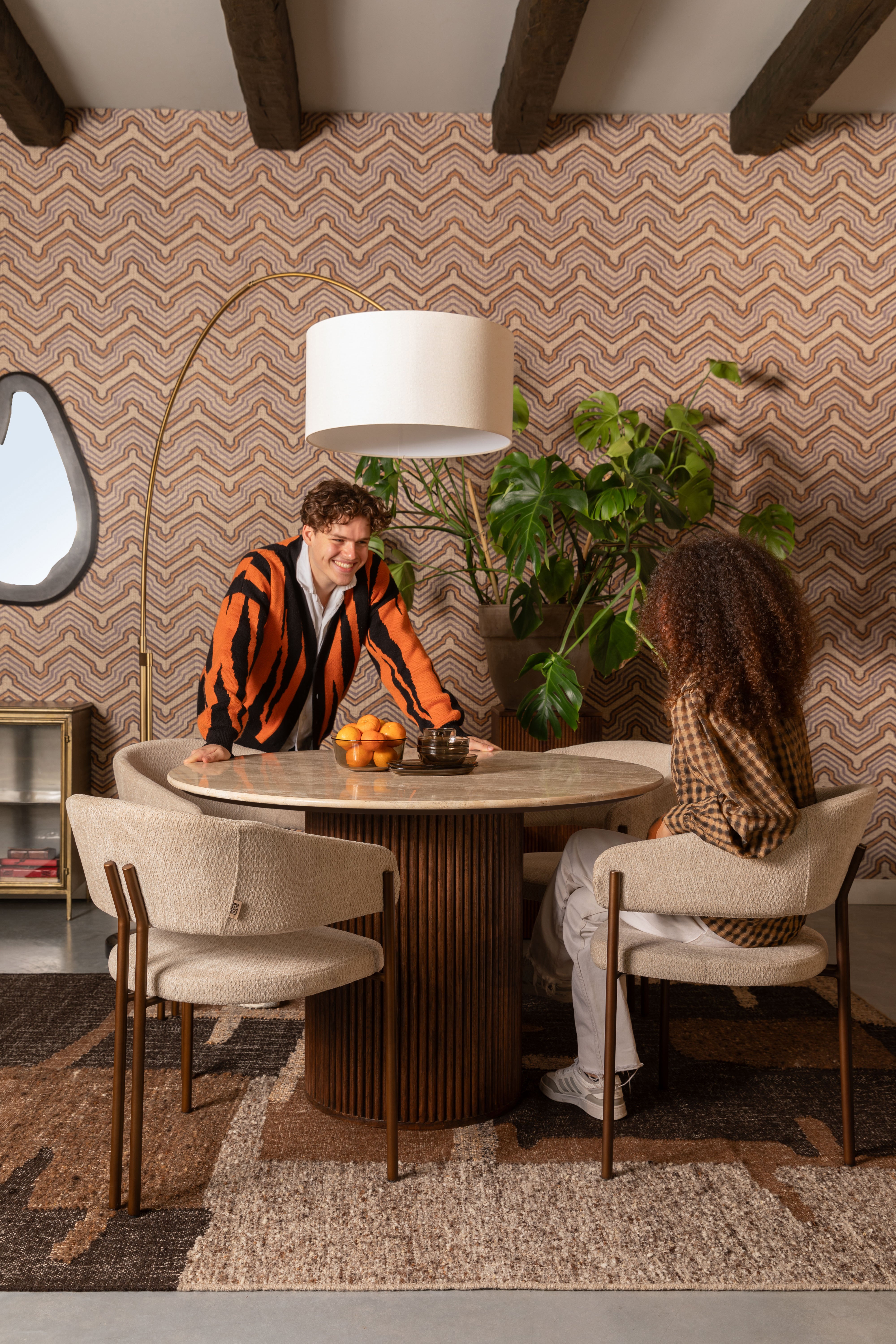 Dutchbone Arda Ribbed Brown Wood & Travertine Round Dining Table